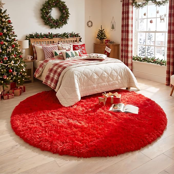 Amdrebio Red Round Rug 5Ft for Boys Bedroom, Fluffy Fuzzy Circle Area Rugs for Kids Room Decor Aesthetic, Plush Shaggy Furry Carpet for Living Room Nursery Dorm Classroom, Shag Baby Teen Christmas Rug