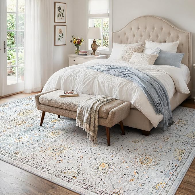 Lahome Flavie Boho Light Blue Area Rug 8x10 for Living Room, Soft Floral Rugs for Bedroom Aesthetic, Washable Floor Carpet Non Slip Indoor for Dining Room Home Decor (Blue/Grey)