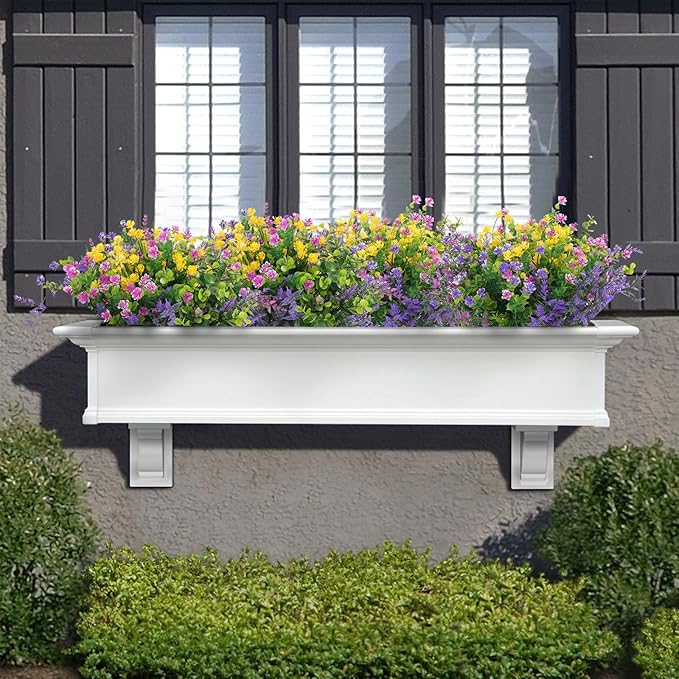 Hananona 24 Pcs Artificial Flowers Outdoor, Faux Artificial Plants UV Resistant Plastic Flower Bulk for Hanging Planter Porch Window Home Wedding Fall Summer Decor (24, Fuchsia, Purple, Yellow, Green)
