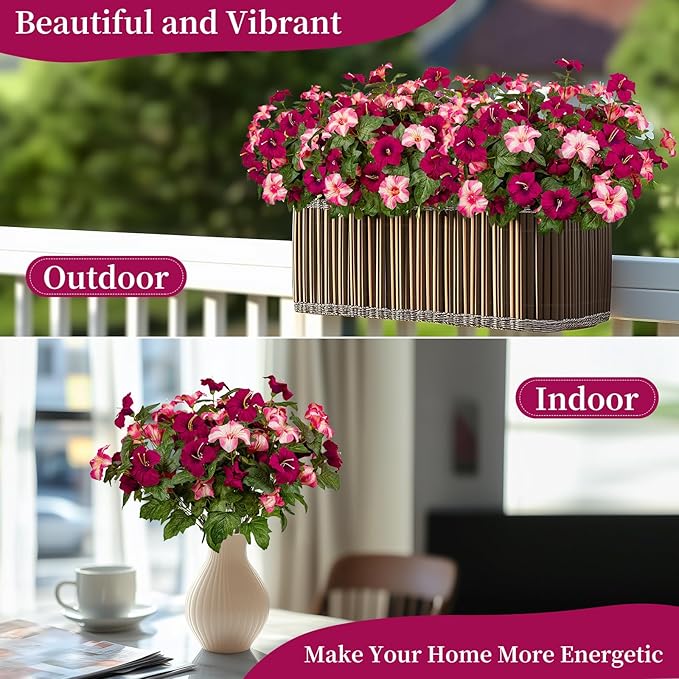 19 Inch Artificial Fake Flowers for Outdoor,4 Pcs Rose red Pink Faux Silk Petunias Spring Flowers for Outside for Indoor Porch Planter Front Door Garden Patio Window Box Home Decor