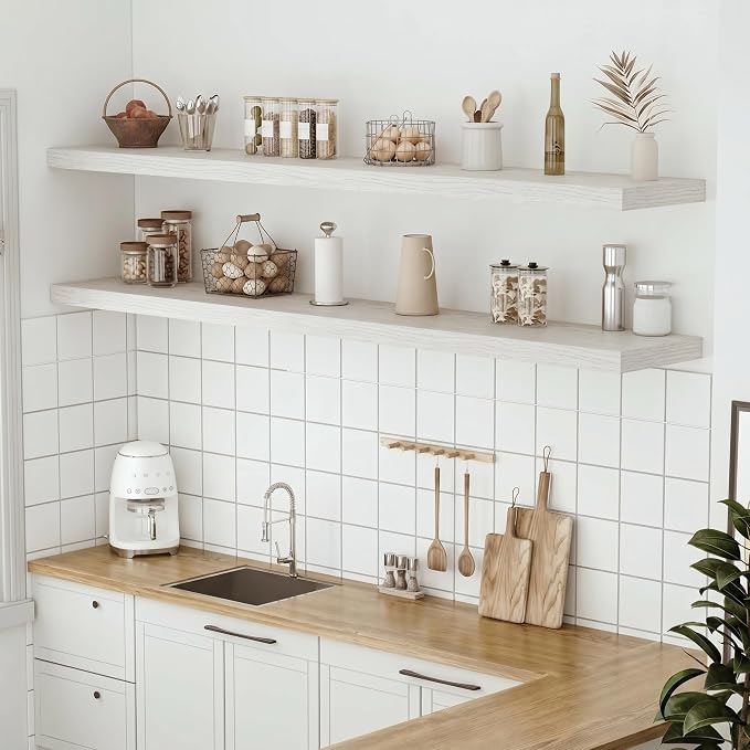 Vivelove 12" Deep Floating Shelves with Invisible Brackets, 60" Wall Shelves for Bathroom Bedroom Kitchen Living Room Laundry Room, Modern Rustic Shelves for Home, 60"x12"x2", Set of 1, White Birch