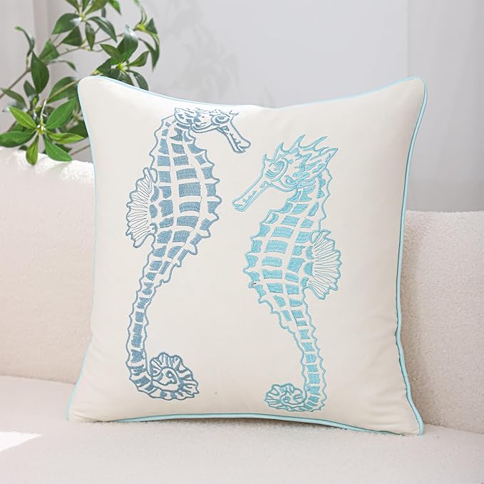 Blue Seahorse Pillow Covers 18x18 Pack of 2 Boho Embroidered Throw Pillow Covers Summer Cushions Cases Farmhouse Decor Square Pillowcases Spring Home Decor for Sofa Bed Living Room