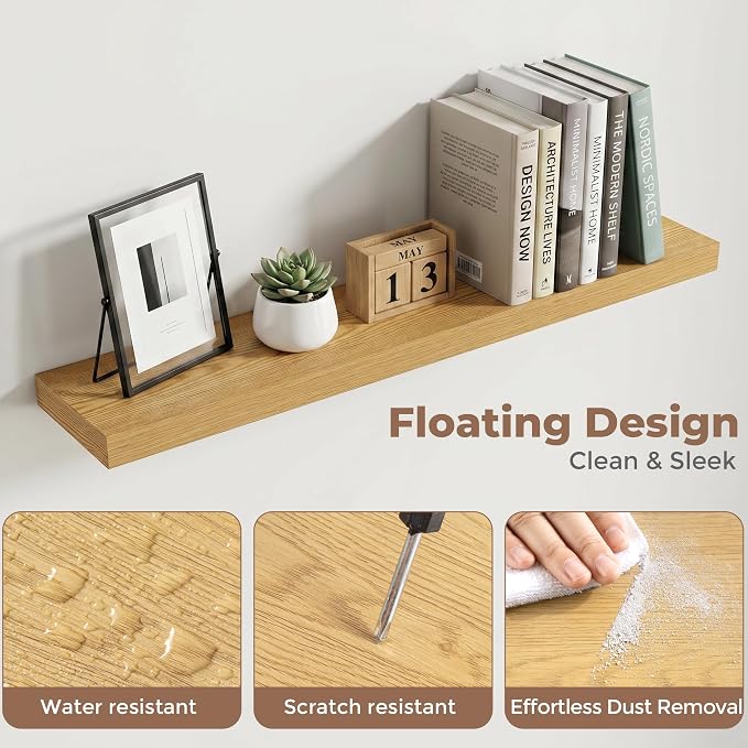 Venusmiles Floating Shelves for Wall, 36 Inch Floating Shelves Set of 2, 6.5" D Wooden Wall Mounted Display Shelves with Invisible Brackets for Living Room, Bedroom, Bathroom, Kitchen Decor, Oak