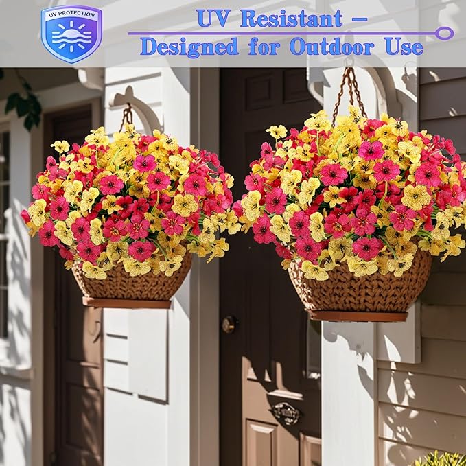 Geegoods Artificial Mums Flowers for Outdoors, 16 Bundles UV Resistant Fake Plastic Rose and Yellow Flowers for Patio Porch Spring Summer Decor
