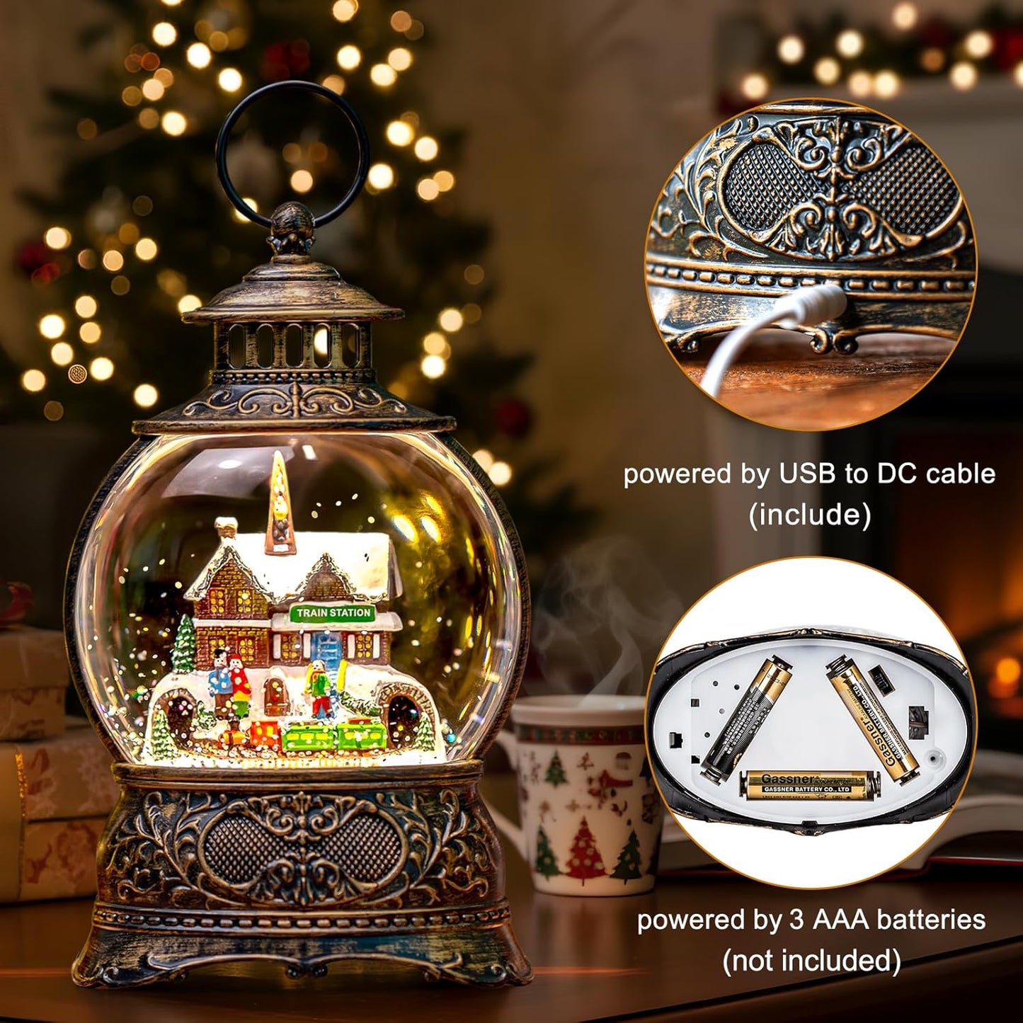 Christmas Snow Globes Christmas Water Lantern with Station Train, Music & 6H Timer, USB Lined/Battery Operated Lighted Lanterns for Xmas Festival Decoration Gifts