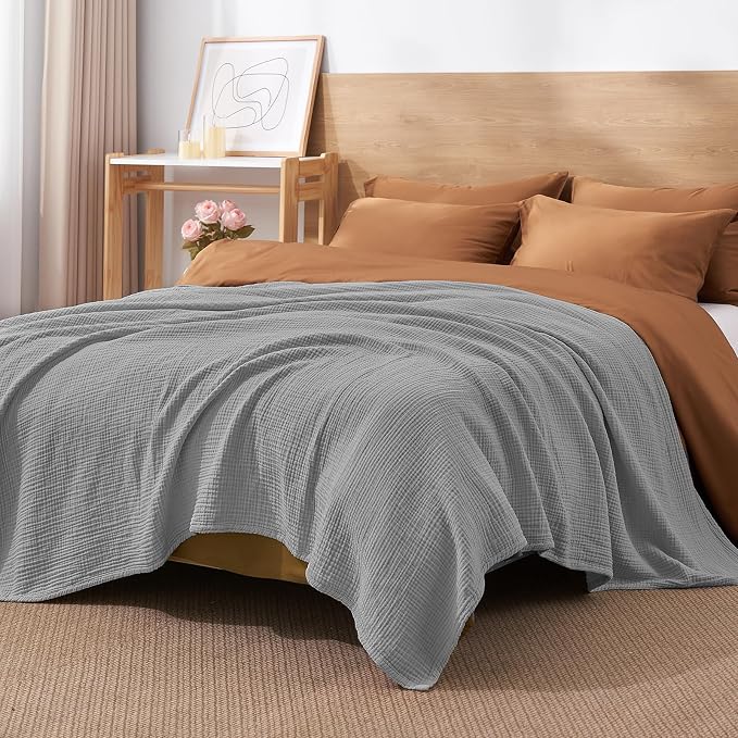 David's Home 100% Cotton Muslin Throw Blanket for College Dorm, 4-Layer Soft Breathable Lightweight Comfy Cozy Throw Guaze for Hot Sleepers, 3D Bubble Room Decor for Bed, Giftable, Dark Grey, 50"x70"