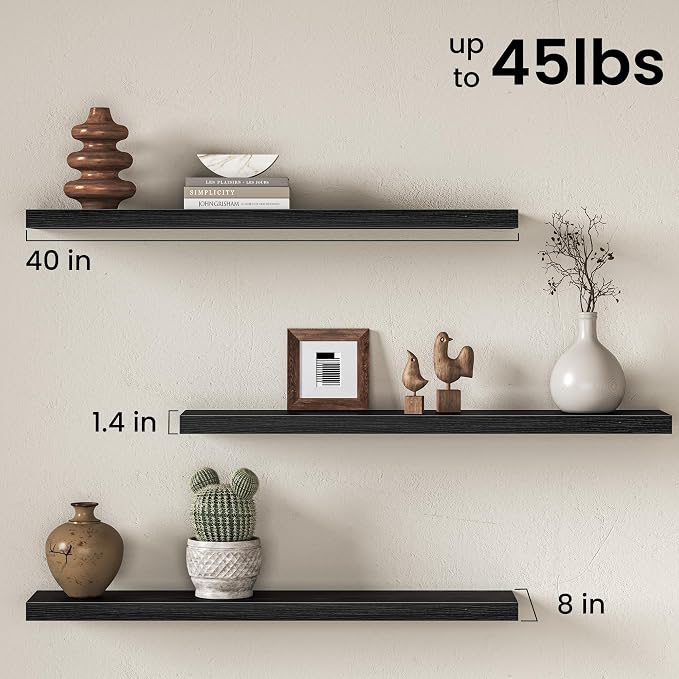Fun Memories 40" Floating Shelves for Wall, 8 Inch Deep Floating Shelf for Books, Deep Bathroom Shelves Wall Mounted, Rustic Display Shelf for Kitchen, Bedroom, Living Room, Black Color, 2 Pack