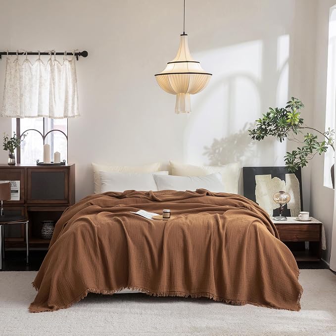 FOSSA Muslin Blanket: 4-Layer 100% Cotton Gauze Blanket with Fringe 98"x98" | Super Soft Breathable Lightweight All Season & Decorative Blanket or Bed, Sofa, Office (Dark Orange,Oversize Queen)