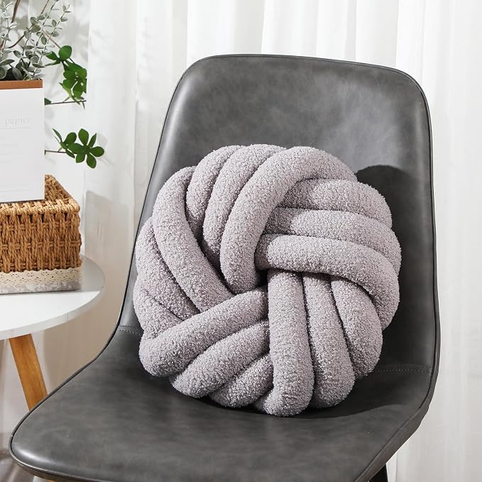 Marsui 2 Pieces Knot Ball Pillows 14 x 14 Inch Decorative Pillow for Couch Bedroom Plush Throw Knot Pillow Soft Handmade Chair Cushion for Living Room Car Decorations (Light Gray)