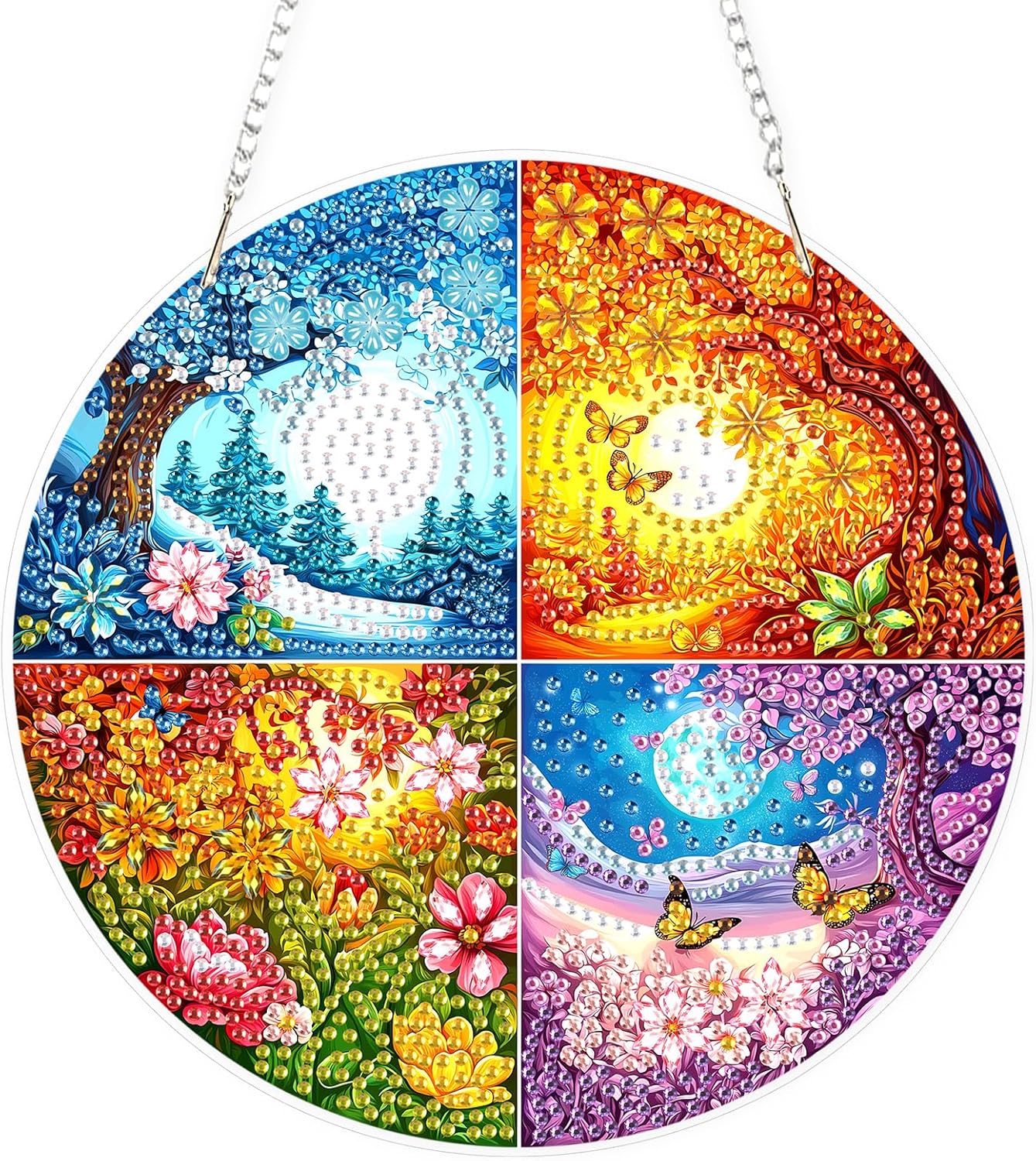 Lxmsja DIY Four Seasons Diamond Painting Hanging Ornament, Double-Sided Acrylic Landscape Diamond Art Kit, Special Shaped Drill Pendant Window Art Kit, Suncatcher Hanging Craft Decoration 8x8 inch