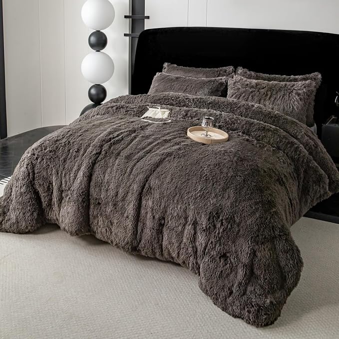 chovy Faux Fur Plush Gray Comforter Sets Twin/Full Size - Ultra Soft Shaggy Flannel Velvet Fluffy Fuzzy 3PC Bedding Set （Comforter x 1 Pillowcases x 2）