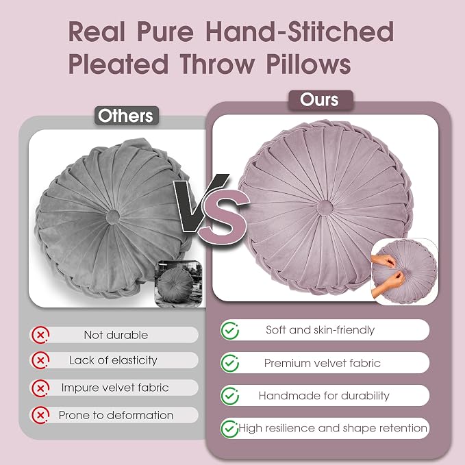 ROSE&RISY Round Pleated Velvet Throw Pillow, 1 Pack Decorative Accent Pumpkin Pillow Cushion for Couch Sofa Bed, Soft Plush Retro Vanity Throw Pillows for Home Decor, 14.5 Inch, Lavender