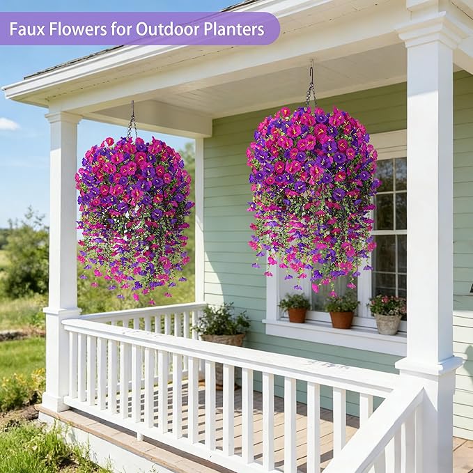Artificial Hanging Flowers with Basket, 480 Blooms UV Resistant Faux Morning Glory Silk Plants, Fast & Easy Assembly Fake Hanging Baskets for Outdoor Porch Patio Garden Decor, Fuchsia&LightPurple