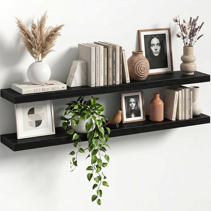 48" Floating Shelves for Wall, Set of 2, 8" Deep, 1.5" Thick, Black | Rustic Wood Wall Shelves with Invisible Brackets, Storage and Display for Bathroom, Bedroom, Living Room or Kitchen
