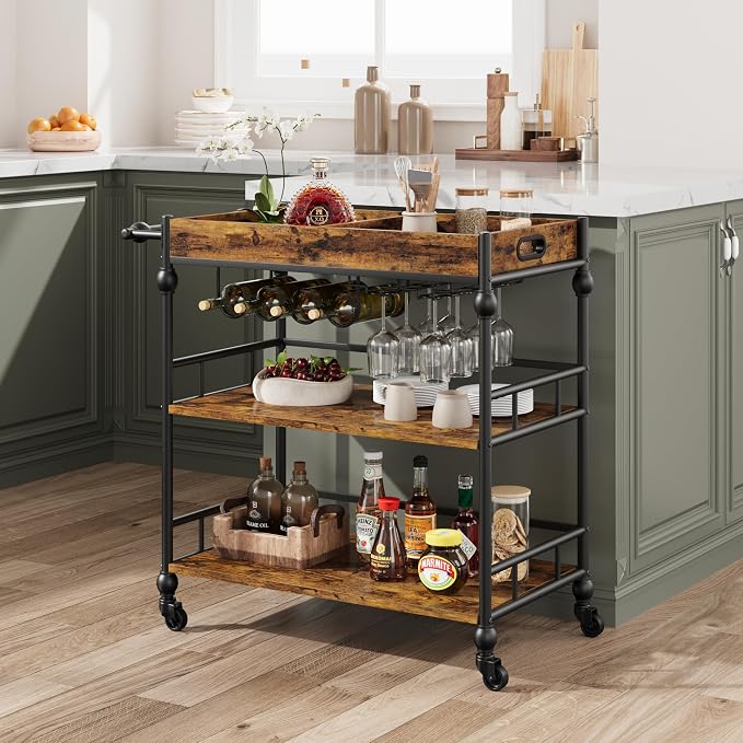 Garvee Bar Cart with Wheels, 3-Tier Rolling Serving Cart with Removable Tray, Mobile Kitchen Beverage Cart with Wine Rack & Glass Holder, Retro Roman Column Design, 35.4 x 15.7 x 34.1 Inches, Brown
