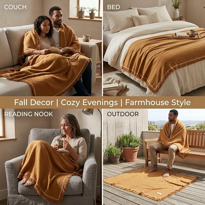 Odin Waffle Throw Blanket with Tassels, 50x66 Inch, 100% Turkish Cotton, Oeko-TEX Certified, Breathable Lightweight Throw for Couch, Sofa & Bed, Made in Turkey, Mustard