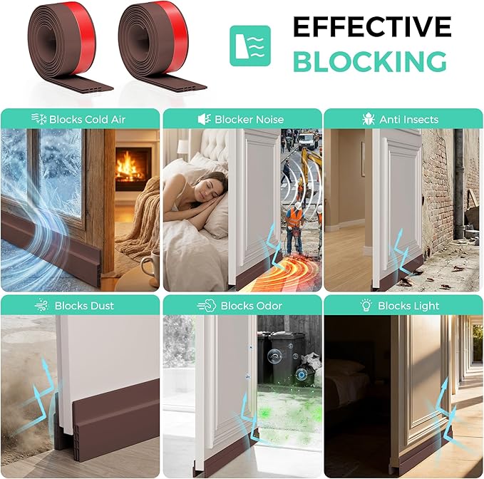 Hojoy 2 Pack Under Door Draft Stopper, Adjustable Door Sweep Anti-Collision Strong Adhesive Weather Stripping Tape Soundproof Draught Stoppers 2" W x 39" L, Brown
