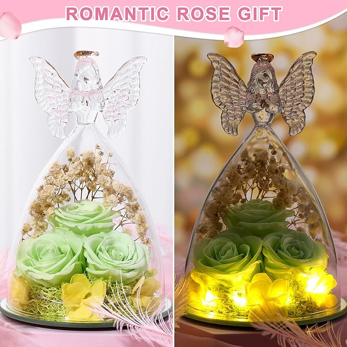 Mothers Day Rose Gifts for Women Preserved Flowers in Glass Angel Forever Flowers Gifts Eternal Roses Gifts for Grandma, Green