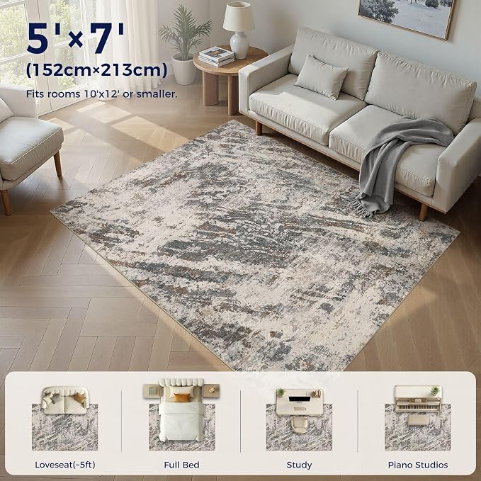 DMOYEST Area Rug Living Room Rugs - 5x7 Large Soft Indoor Neutral Modern Abstract Low Pile Washable Rug Carpet for Bedroom Dining Room Farmhouse Home Office-Dark Brown/Grey