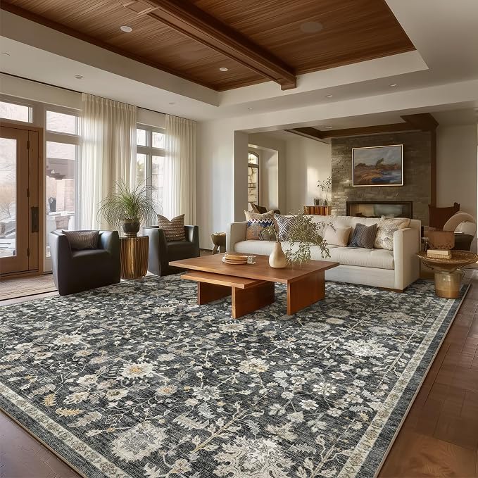 Washable Rugs for Living Room: 9x12 Area Rugs for Bedroom Ultra Soft Non-Slip Stain Resistant Vintage Boho Large Carpet for High-Traffic Dining Room - Farmhouse Decor