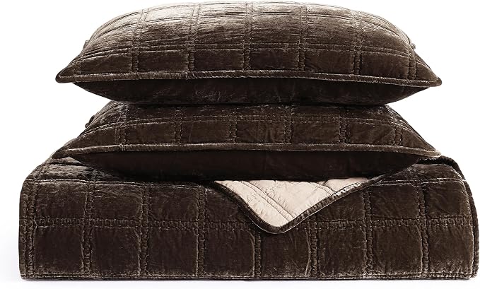 HiEnd Accent Stella Faux Silk Velvet Double Box Stitch 3 Piece Quilt Set, Full Queen Size, Green Ochre Solid Color, Classic Chic Modern Rustic Elegant Bedding Set, Lightweight Bed Set
