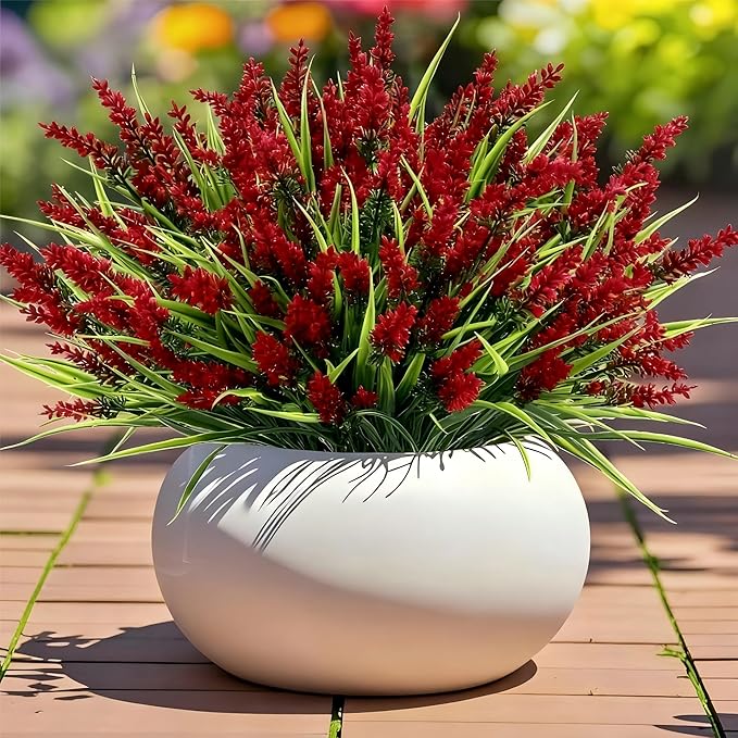 Geegoods Artificial Plants Flowers Outdoor – 24 Bundles UV Resistant Faux Lavender Flowers with Monkey Grass for Garden Porch Window Patio Hanging Planter Decor