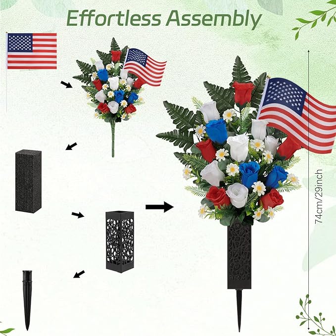 Memorial Day Flowers for Cemetery, 2 Sets Artificial Red White Blue Roses with American Flags Vase Patriotic Cemetery Flowers for Grave, Outdoor Gravesite Tribute Veterans Memorial Day Decorations
