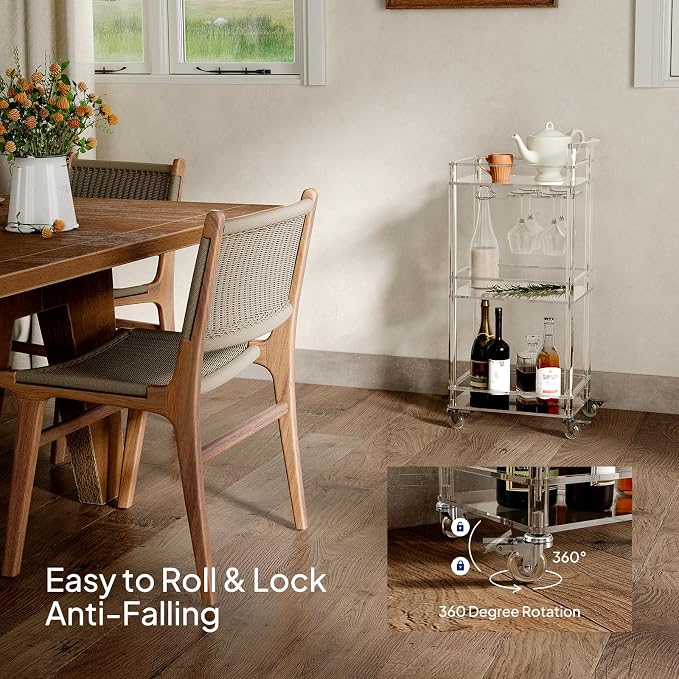 Eglaf Small Acrylic Bar cart, 3 Tier Home Bar Cart with 4 Lockable Wheels | Rolling Serving Cart with Glass Holders, Handle, for Living Room, Kitchen, Bedroom, Bar, 15.6" L x 11.6" W x 35" H