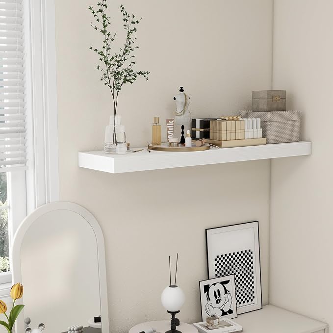 FLYJOE Deep Floating Shelves, 48 Inch White Shelves Set of 1 | 12 Inch Deep Shelves for Wall, 48'' x 12'' Rustic White Wood Shelves for Bathroom Living Room Laundry Room Kitchen