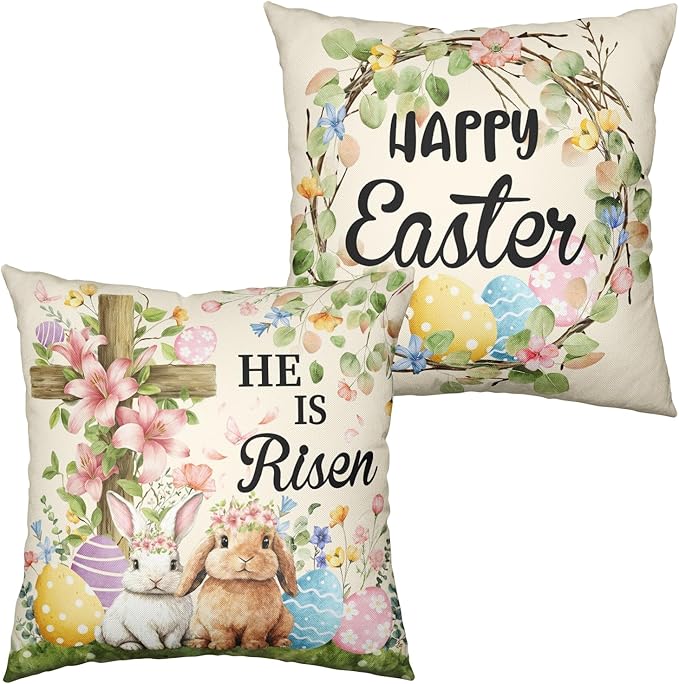 Easter Bunny Pillow Covers Floral Cross He is Risen Pillow Cases Colorful Eggs Rabbit Spring Throw Pillow Covers 16x16 Set of 2 Wreath Farmhouse Cushion Cases for Home Sofa Decor