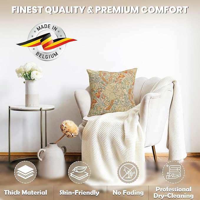 Charlotte Home Furnishings Inc Golden Lily Light Throw Pillow Covers 18x18, European 100% Cotton Jacquard Woven Fabric, Boho & Vintage Inspired Decorative Cushion for Living Room and Sofa