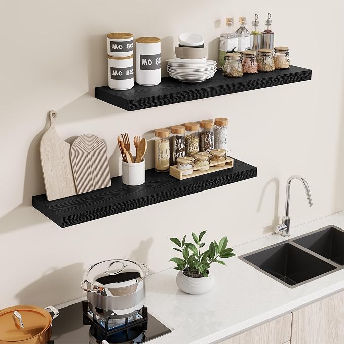 Dreamland 40Inch Black Floating Shelves 9.3" Deep Wall Mounted Set of 2 | Wall shelves for bathroom, bedroom, Living Room, kitchen, deep wall mount wood storage display for home decor 40" x 9.3"