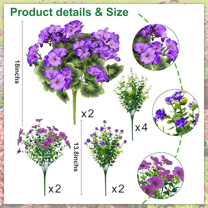 Ouddy Decor 18'' Artificial Geraniums Flowers for Outdoors, 10 Bundles Mixed Fake Silk Flowers Plastic Plants UV Resistant for Summer Garden Porch Patio Planter Kitchen Table Home Decor, Purple