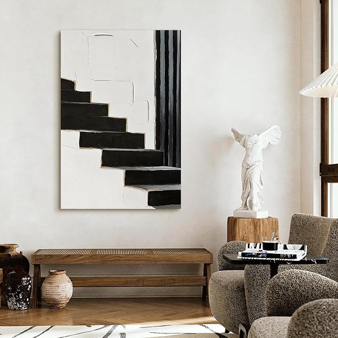 Modern Minimalist Abstract Black & White Canvas Wall Art for Living Room | Large 3D Textured Oil Painting Artwork for Bedroom Dining Room Office Hallways, Neutral Geometric Wall Decor 24x36 Inch