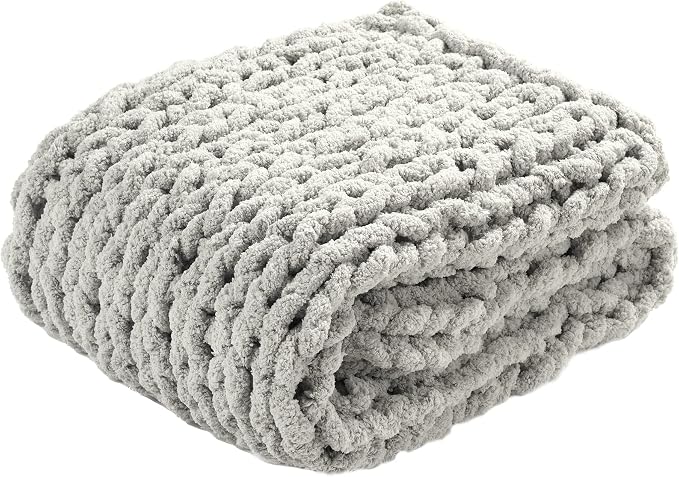 Lush Decor Hygge Ultra Soft Cozy Chenille Chunky Knit Blanket/Throw, 72" x 40", Light Gray