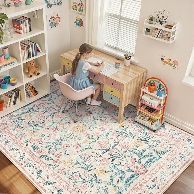Wonnitar 8x10 Washbale Rugs for Living Room, Boho Pink Room Decor for Girls Bedroom, 8 x 10 Soft Non Slip Low Pile Indoor Floral Carpet for Kids Room Playroom Toddler Nursery