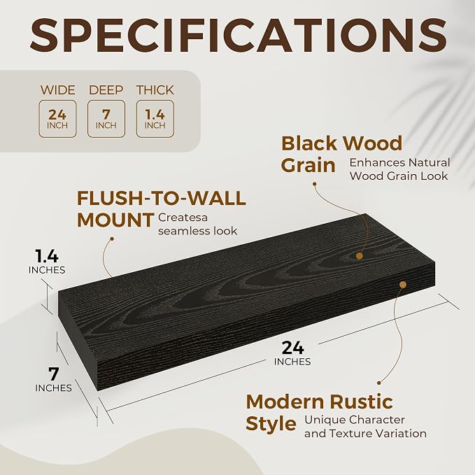 Dreamland 24Inch Black Floating Shelves 6.7" Deep Wall Mounted Set of 2 | Wall shelves for bathroom, bedroom, kitchen, deep wall mount wood storage display for home decor 24" x 6.7"