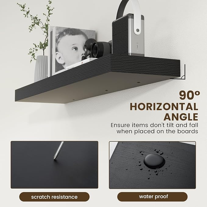 FLYJOE 48'' x 12'' x 2'' Black Floating Shelf Set of 1, 48 Inches Long Black Wood Shelves for Wall, 12 Inch Deep Rustic Shelves, Engineered Wood, Hardware Included, 50 Lbs Load Bearing Capacity