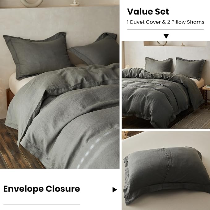 Simple&Opulence 100% Linen Duvet Cover Set with Crossed Embroidery Washed - 3 Pieces (1 Duvet Cover with 2 Pillow Shams) Soft Breathable Farmhouse -Cushing Green, King Size