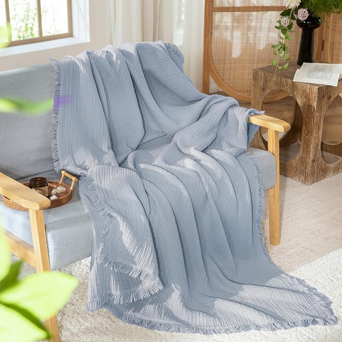 MooMee Muslin Blanket - 100% Cotton 4-Layer Gauze Throw Blanket with All-Around Fringe, Soft Breathable Lightweight Cooling Summer Blankets for Bed Couch(Dusty Blue,Oversize Queen 98" x 98")