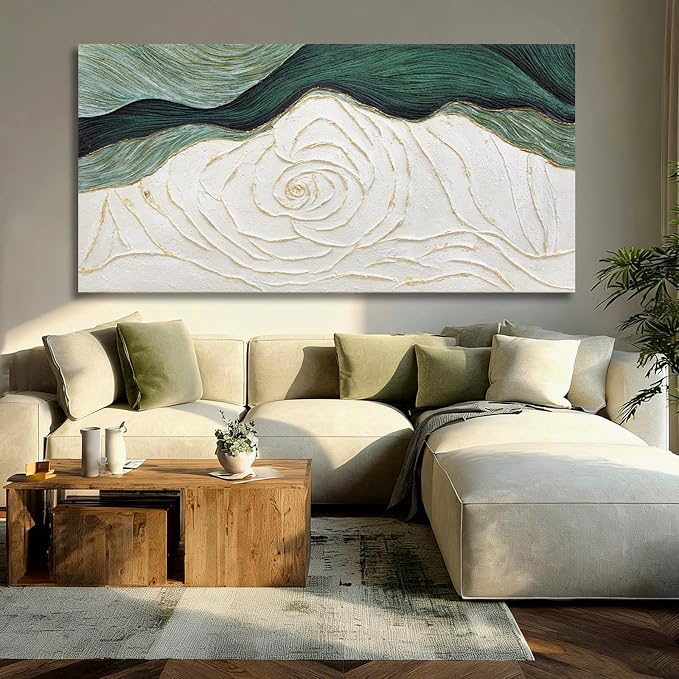 Dolidoteart Hand-Painted Green Abstract Wall Art Canvas, Large 29x58 Inch Modern Textured Floral Artwork for Living Room, Bedroom, Office, Hallway Home Decor