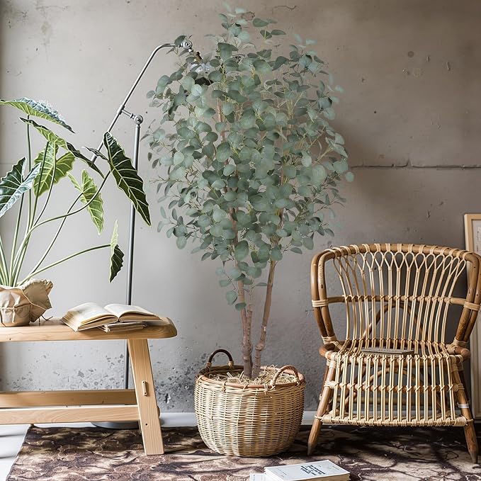 6FT Faux Eucalyptus Tree with White Pot, Artificial Eucalyptus Tree Indoor Plants with Silk Leaves Fake Eucalyptus Plant Fake Tree Faux Plants Indoor for Living Room Bedroom Office Home Decor