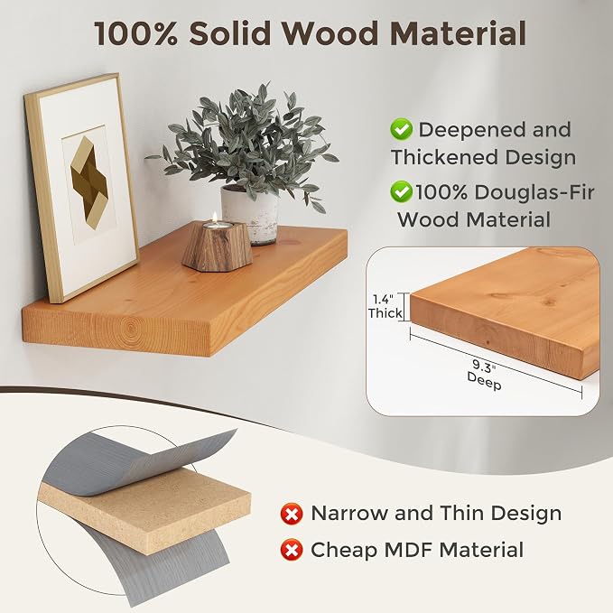 Axeman 24 Inch Floating Shelves for Wall, 9.3" Deep High End Solid Real Wood Wall Shelves with Heavy Duty Invisible Bracket for Living Room, Bedroom, Kitchen, Bathroom, Set of 2, Natural