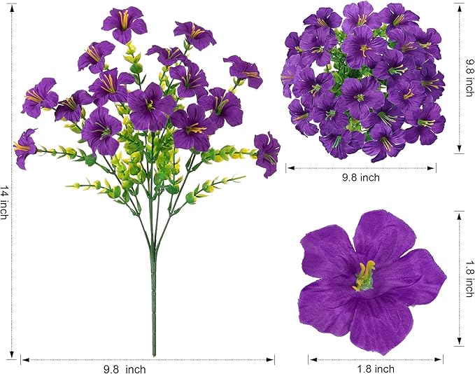 Artificial Flowers for Outdoors Fake Plants Outside Decoration, 20 Bundles Purple Silk Petunia with Eucalyptus UV Resistant Realistic Faux Flowers for Outdoor Planters Garden Balcony Yard Porch Patio