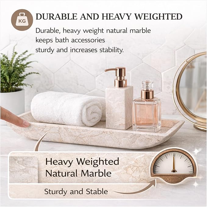 Creative Home Natural Champagne Marble Rectangular Vanity Tray Towel Tray Boat Shaped Tray Bathroom Accessories Organizer for Bathroom Countertop, Kitchen Sink, Jewelry, 16.5" x 6.3" x 1.5" H, Beige