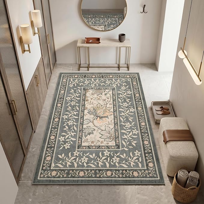 GarveeHome Grey Area Rug 5x7 Washable Cottage Core Vintage Farmhouse Low-Pile Stain Resistant Non-Slip Rugs for Bedroom Living Room Nursery Kitchen Home Office TPE Backing Indoor Decor