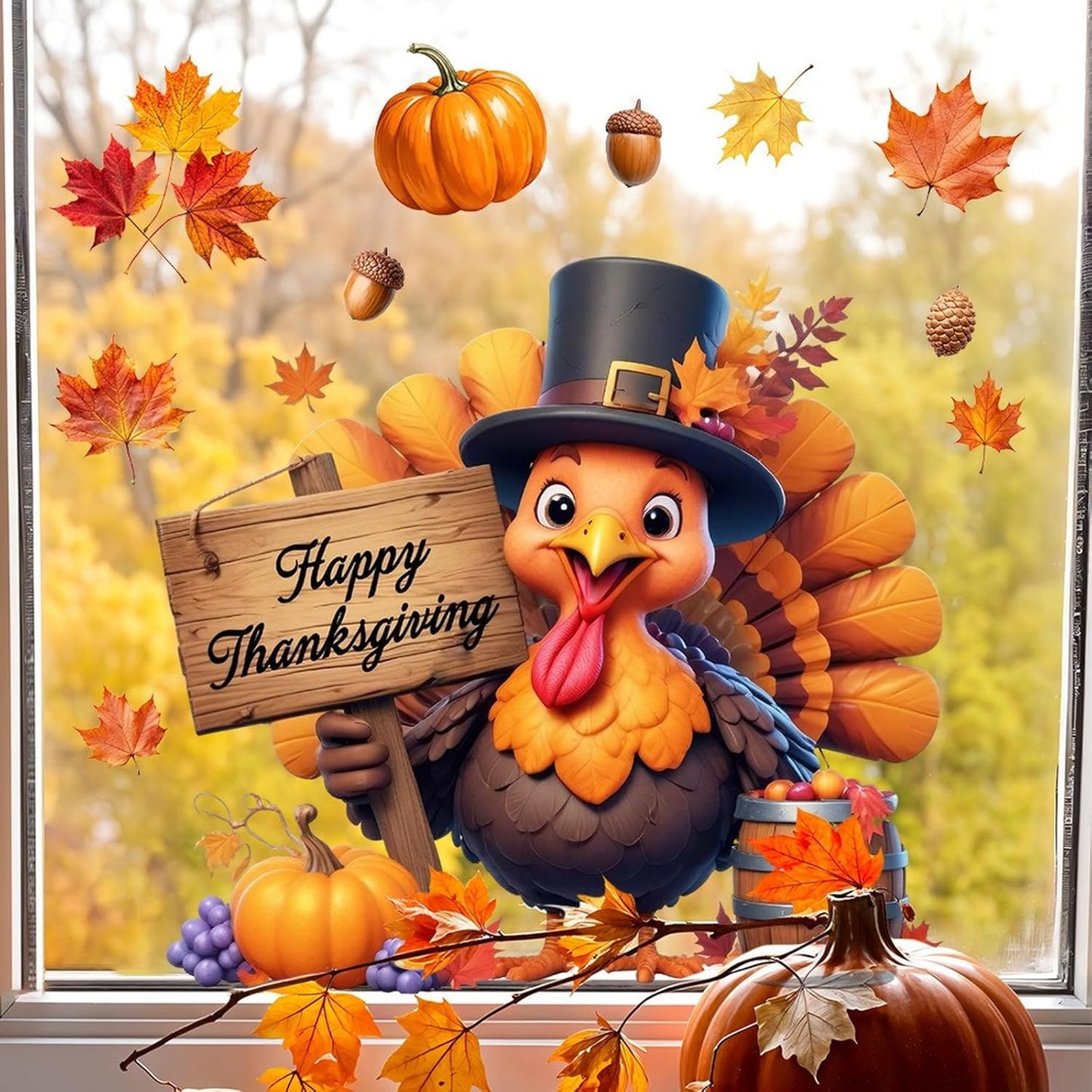 Fall Window Clings for Glass Thanksgiving Static Cling Window Decals 1PCS Turkey Pumpkin Maple Leaves Autumn Reusable Window Stickers Home School Office Decorations