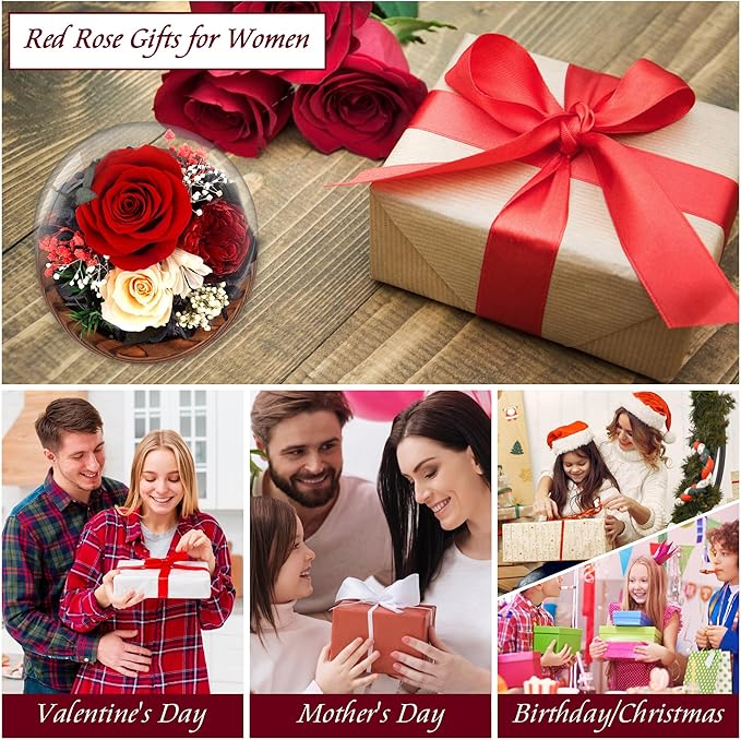 MOKOQI Birthday Gifts for Women Preserved Red Real Rose Flowers in Glass Dome, Forever Rose Valentines Day Gift for Her Mom on Christmas Birthday Flowers for Delivery Prime