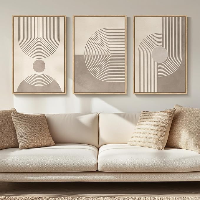 Framed Neutral Modern Minimalist Wall Art for Living Room, 3 Piece Boho Abstract Canvas Prints Artwork for Walls, Mid Century Boho Neutral Geometric Paintings for Bedroom Hallway Wall Decor, 16x24 In