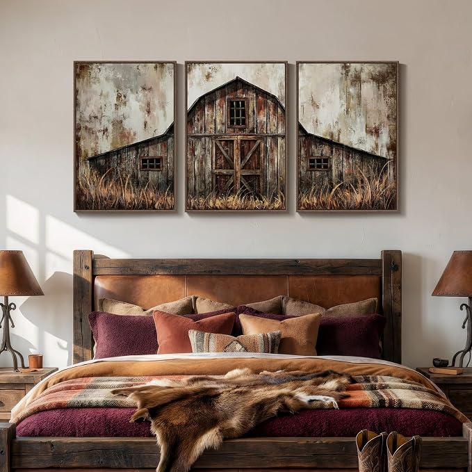 Framed Vintage Farmhouse Wall Art for Living Room, Set of 3 Retro Barn Canvas Prints, Rustic Country Wall Decor for Bedroom Dining Room Office Hallway 20x30 Inch